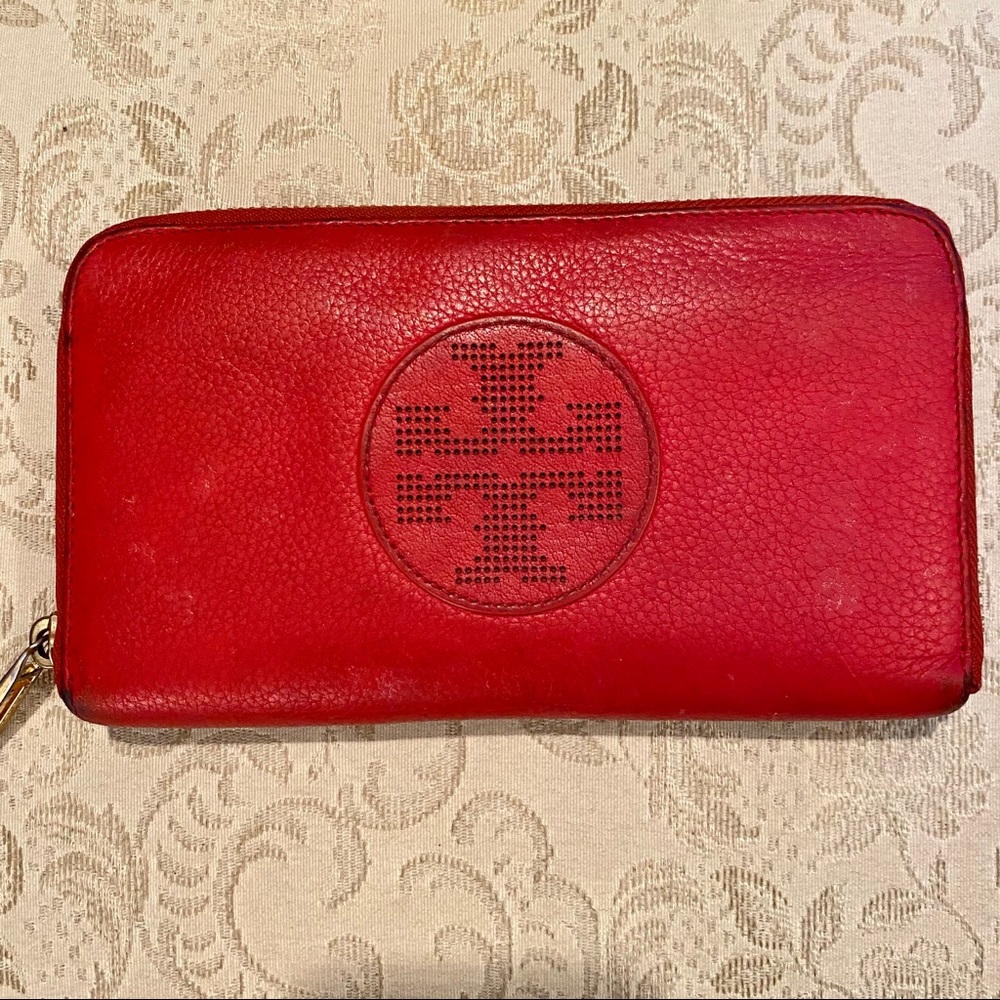 Tory Burch Red Leather Zip Around Wallet